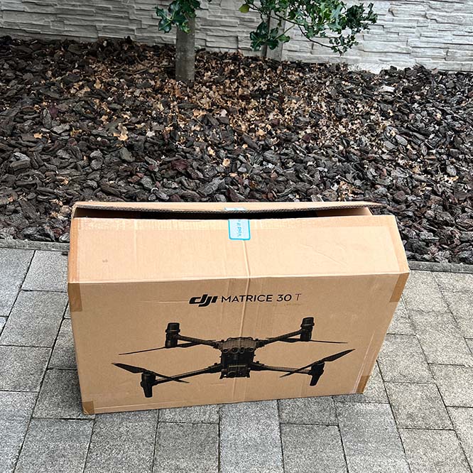 A DJI Matrice 30T drone box, freshly unpacked.”